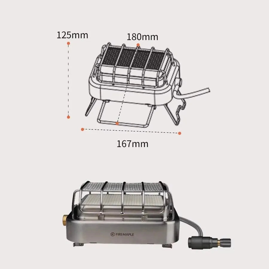1800W outdoor heating stove with voltage regulator in metal primary colour, shown both expanded and collapsed for storage