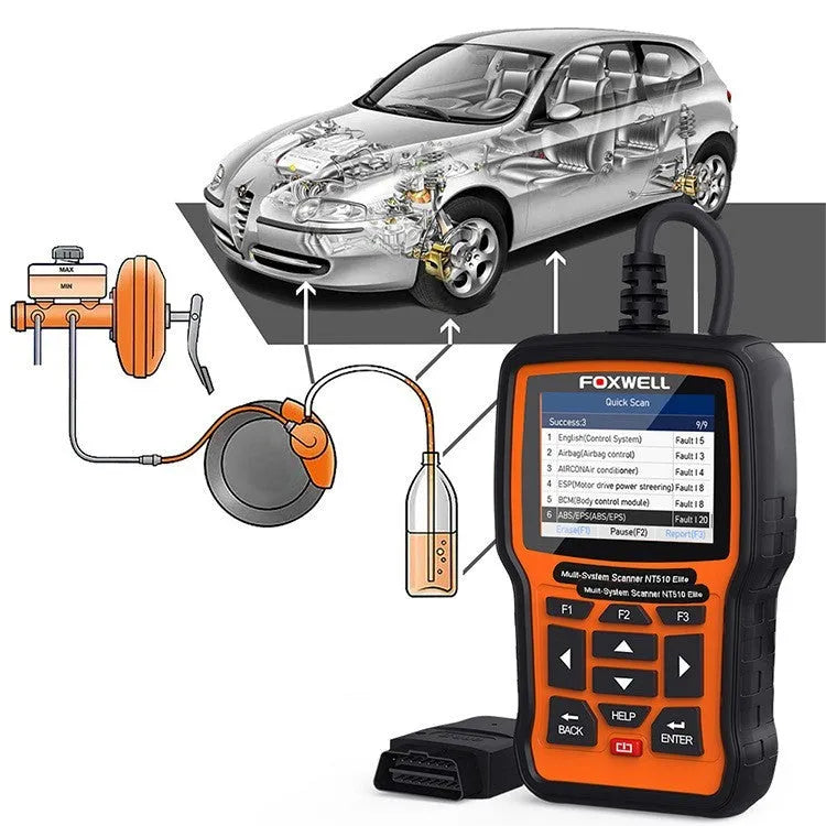 Foxwell NT510 orange and black automotive diagnostic scanner with data cable on workbench