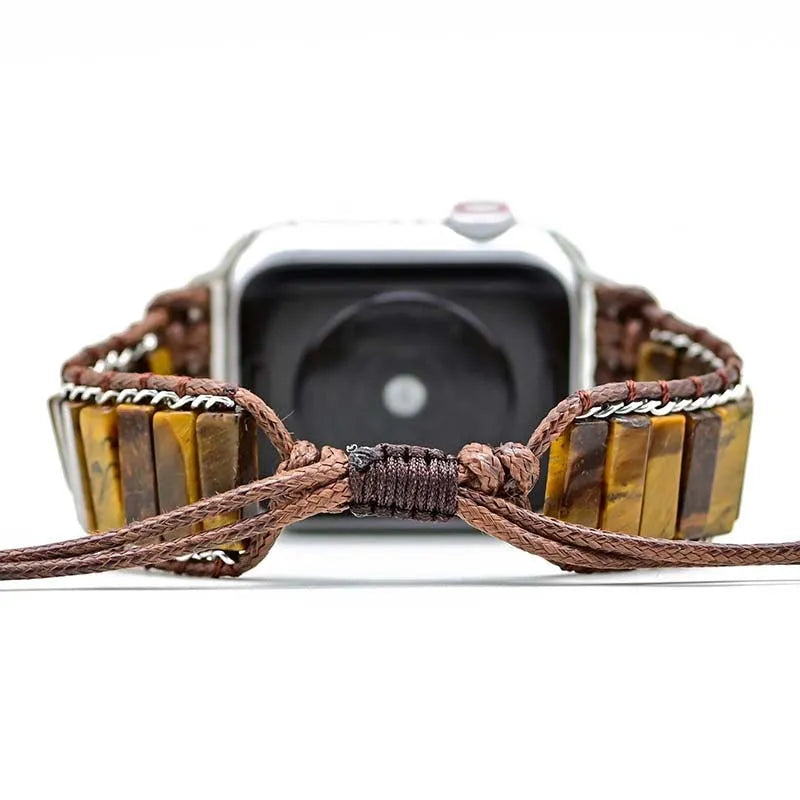Rectangular tiger eye stone chain watch strap on adjustable textile band for 38-45mm watches