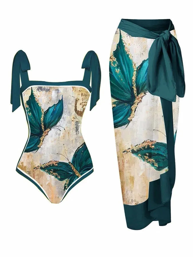 Women's floral printed chiffon two-piece swimsuit with attached skirt shown in one of 15 colour variations.