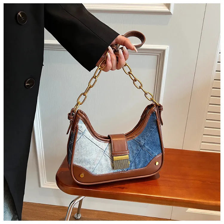 Brown denim women's shoulder bag with diamond chain design and bucket shape