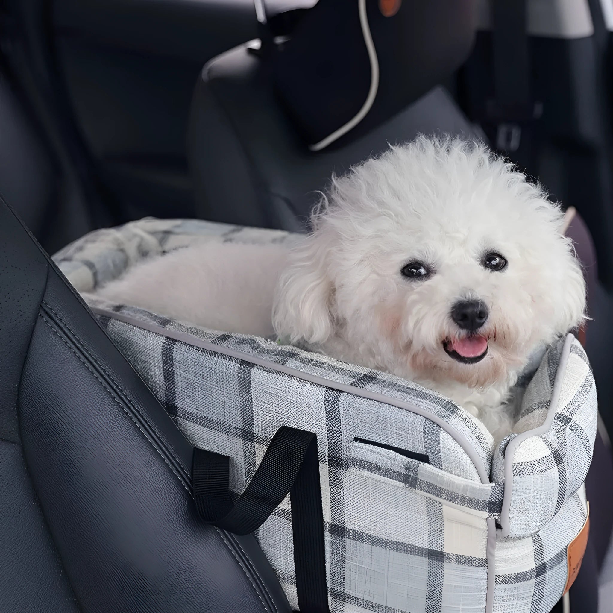 Breathable cloth car central control pet bag with blue ribbon and mesh strap, designed for travel use