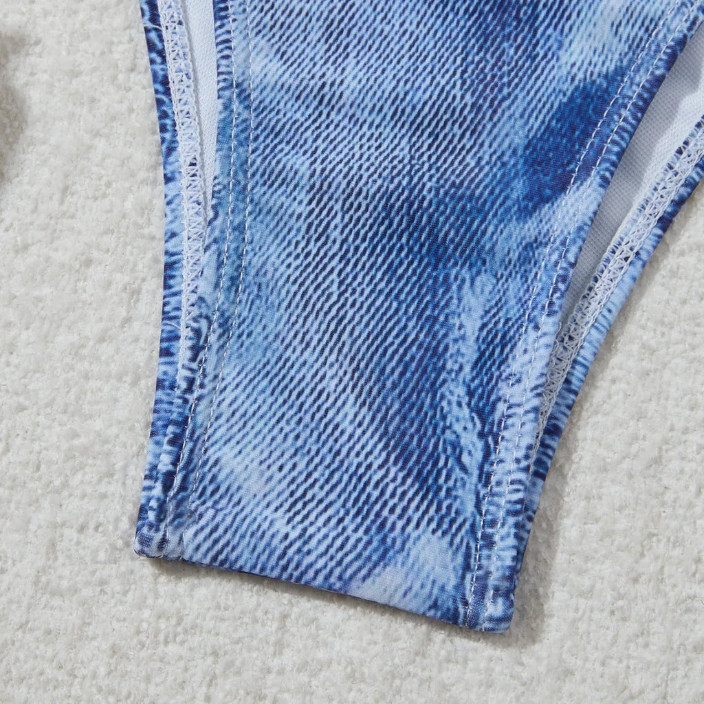 Denim blue women's bikini set with printed straps and triangle top design