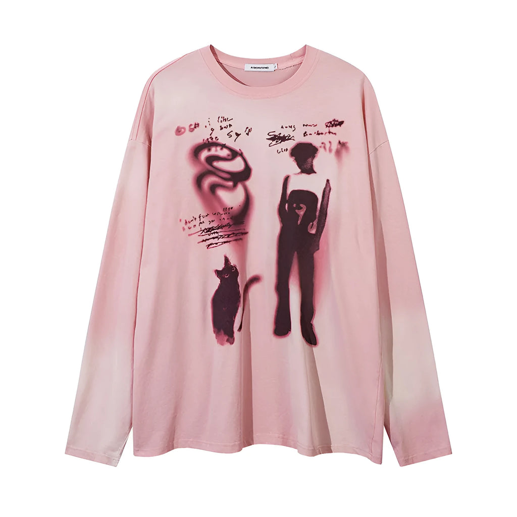 Women's cotton pullover top with letter pattern, drop shoulder sleeves, and loose fit in dark grey colour