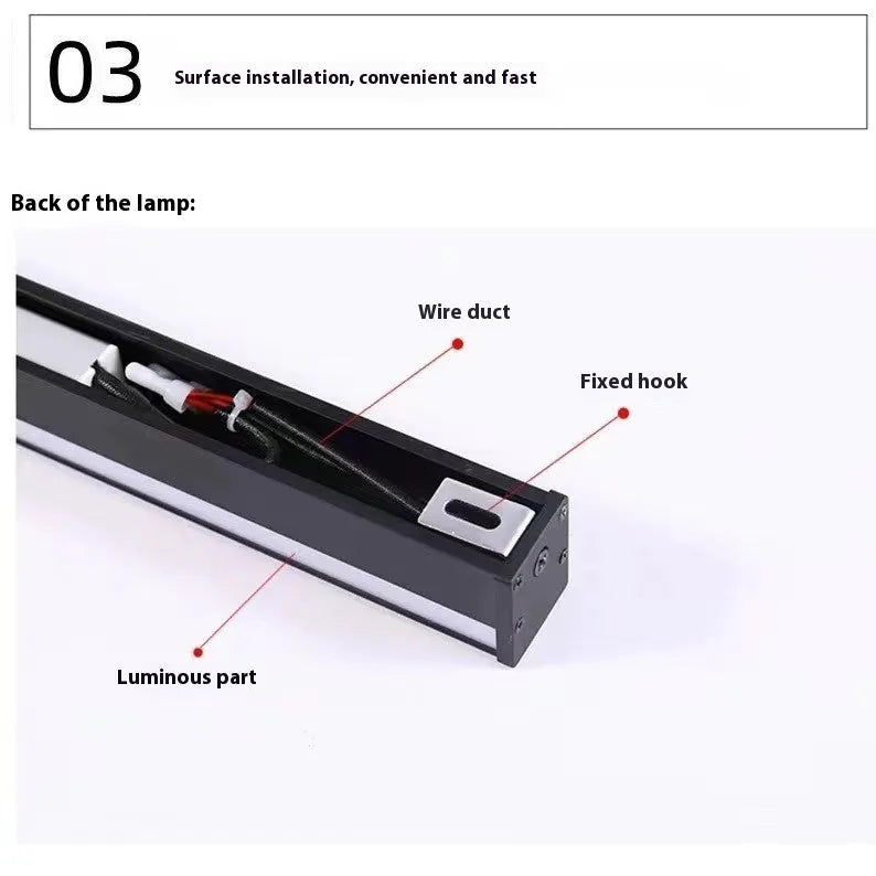 80cm long black simple strip LED wall lamp with touch control for three light colours on a wall.