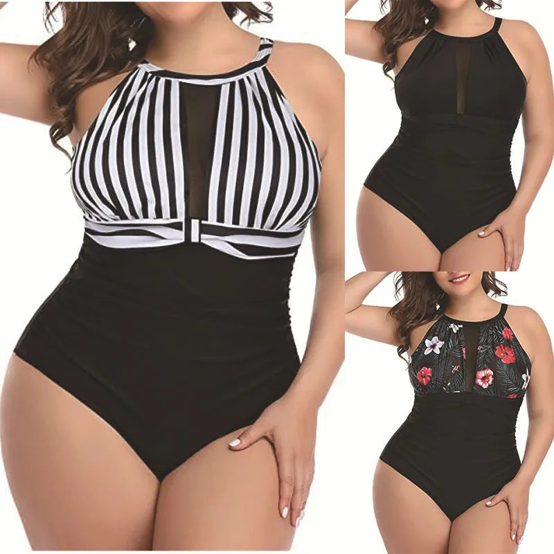 Women's black one-piece swimsuit with lace detailing on display, showing European and American sizing.