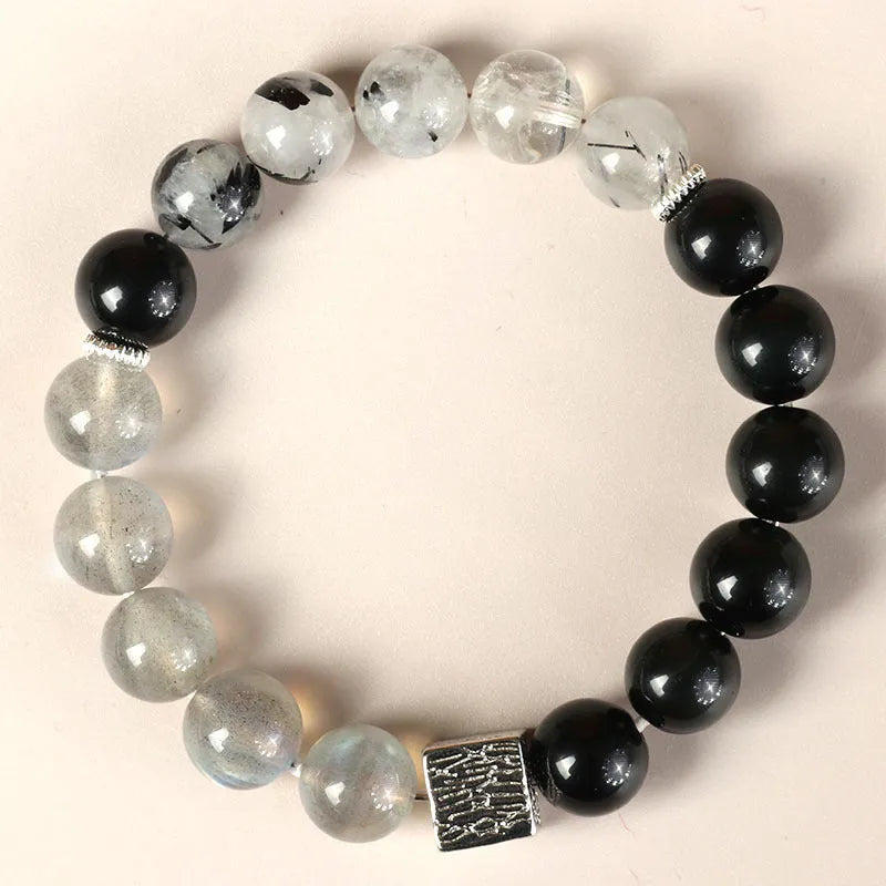 Chinese style geometric crystal couple bracelet in khaki, 10mm size, polished finish.
