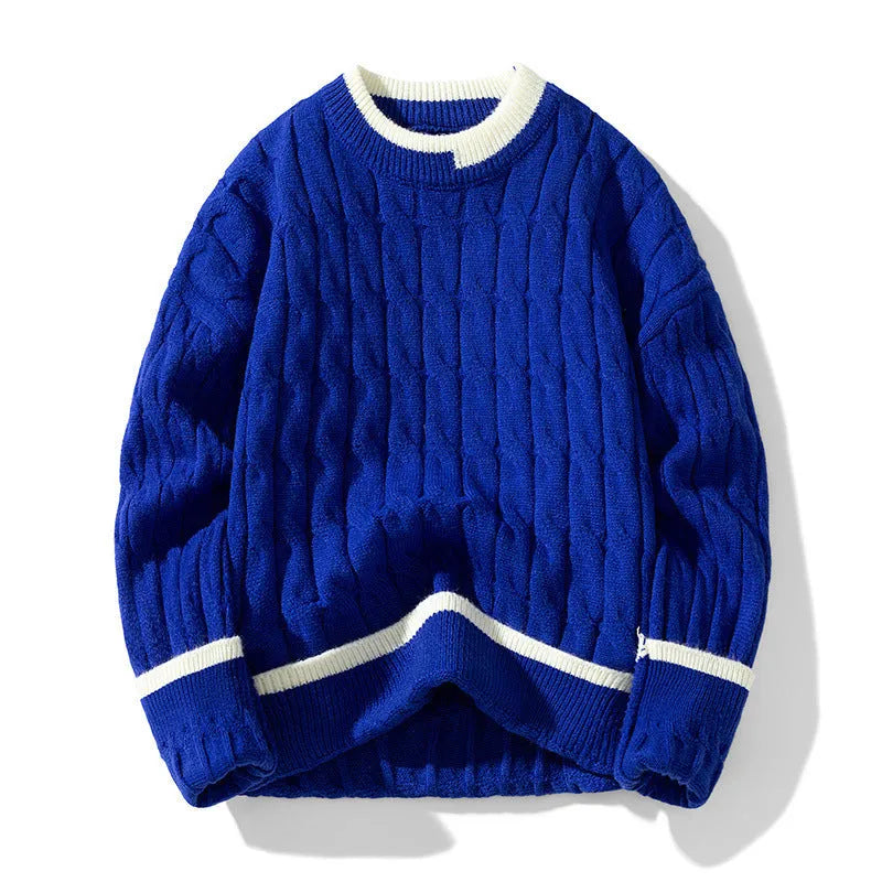 Men's loose fit two piece modal acrylic blend sweater set in light blue on a hanger.