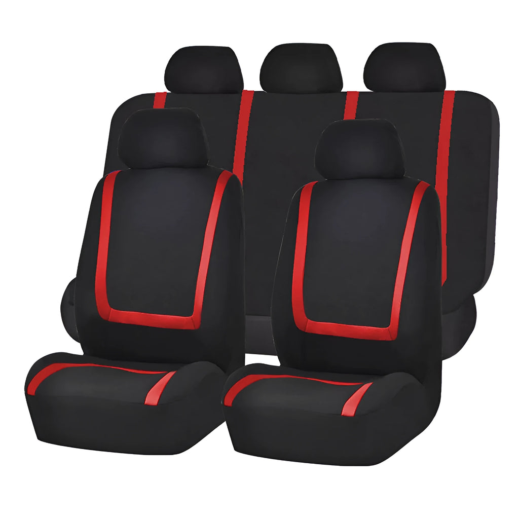 Universal fabric car seat cover set showing headrest and seat cushion covers in a two-tone colour option.