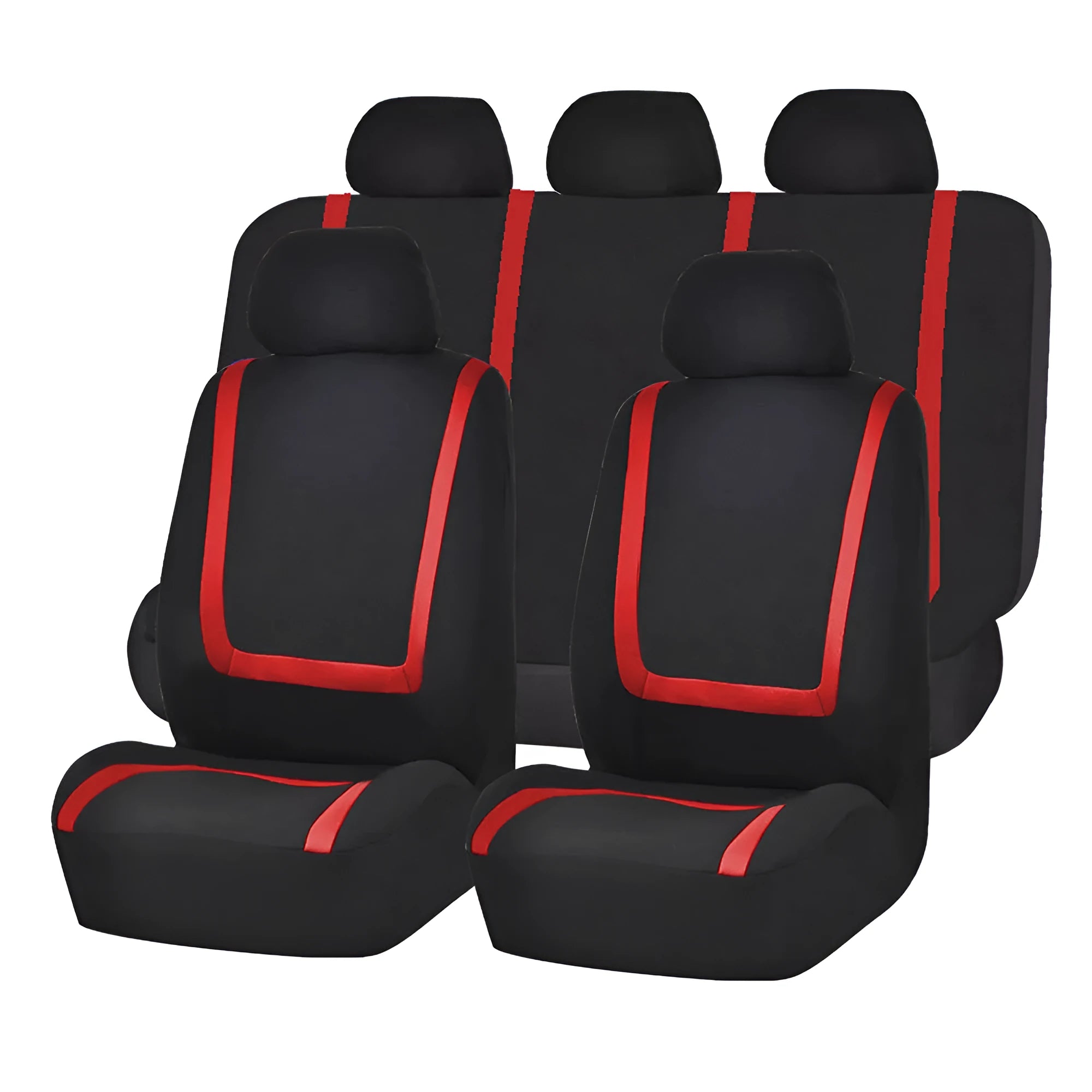 Universal fabric car seat cover set showing headrest and seat cushion covers in a two-tone colour option.