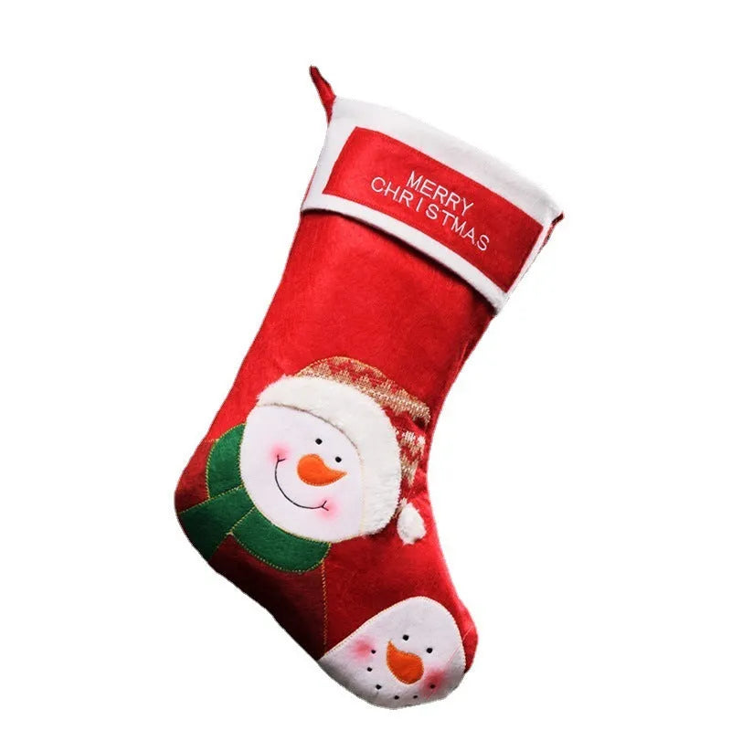American style Christmas stocking in non-woven fabric featuring Elk, Old Man, or Snowman design for festive hanging decoration