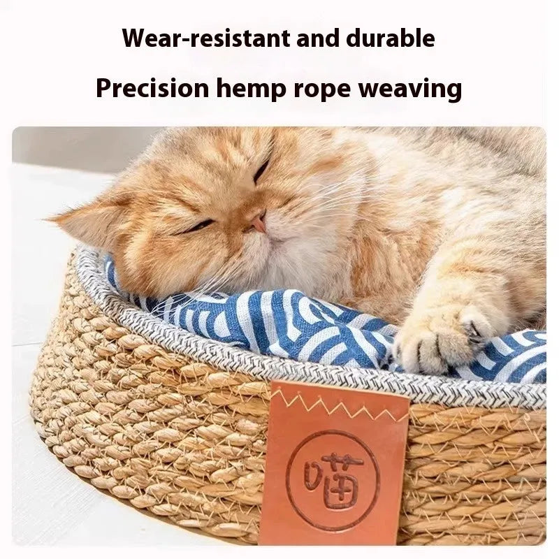 Rattan woven cat nest bed with raised sides in multiple sizes for pet comfort