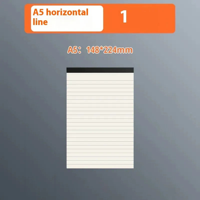 A5 and B5 tearable writing pads showing blank, grid, and horizontal line page styles.