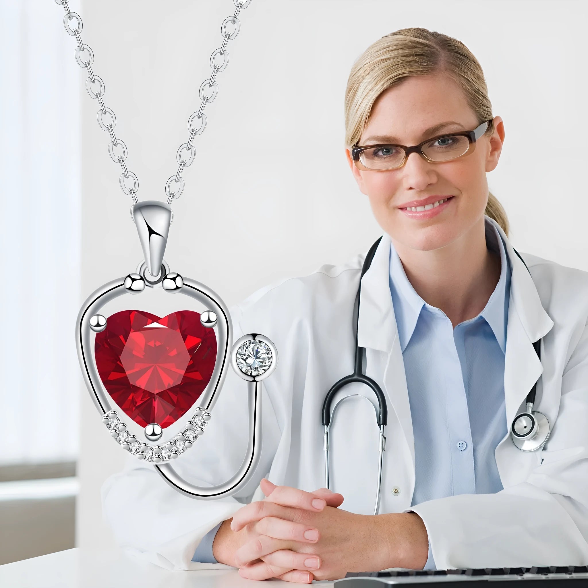Red diamond women's necklace with a stethoscope, wings, and cross pendant on an adjustable chain.