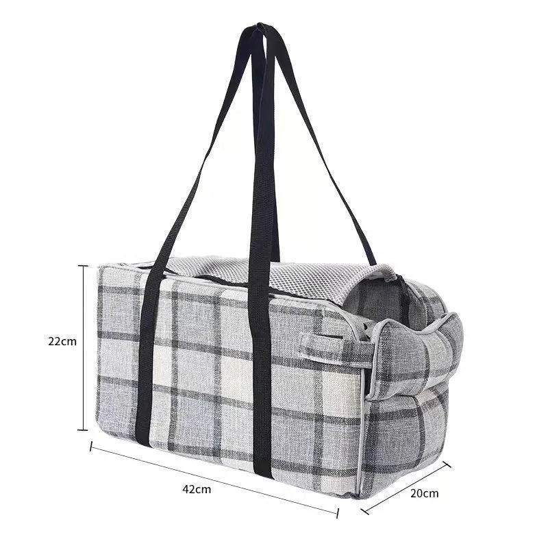Breathable cloth car central control pet bag with blue ribbon and mesh strap, designed for travel use