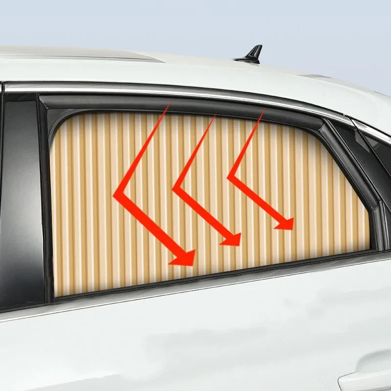 Thick opaque auto retractable car sunshade curtain in black on a car window