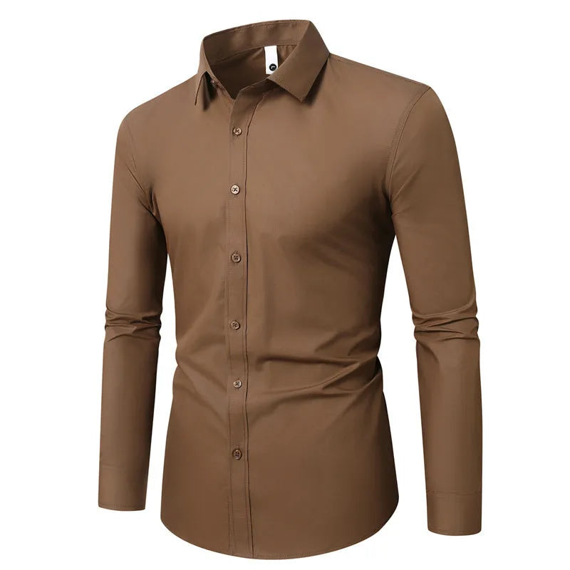 Man wearing a slim-fit long-sleeve linen shirt in a loose style, available in multiple colours.