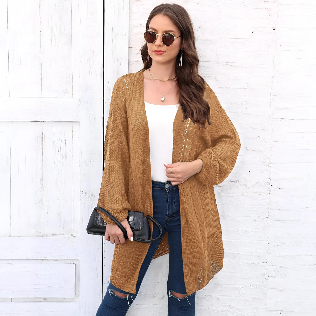 Women's loose fit acrylic sweater coat cardigan in a solid colour, shown in free size.
