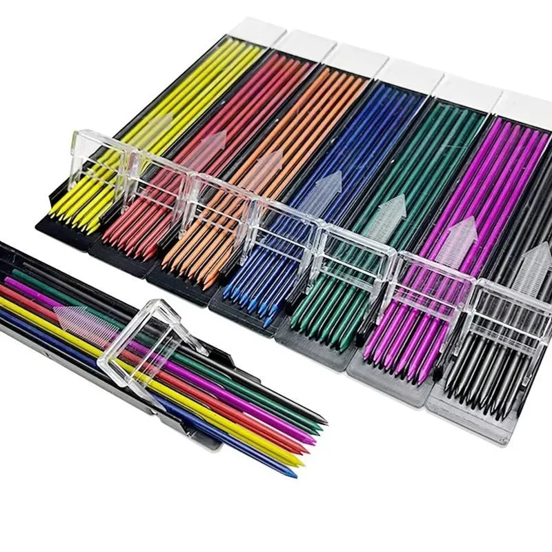 Plastic case containing 12 pieces of 0.5mm erasable mechanical pencil lead refills in rainbow and standard colours