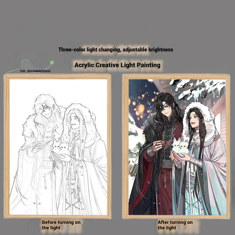 Wooden framed decorative painting of Huacheng and Xie Lian from Tian Guan Ci Fu with USB light option