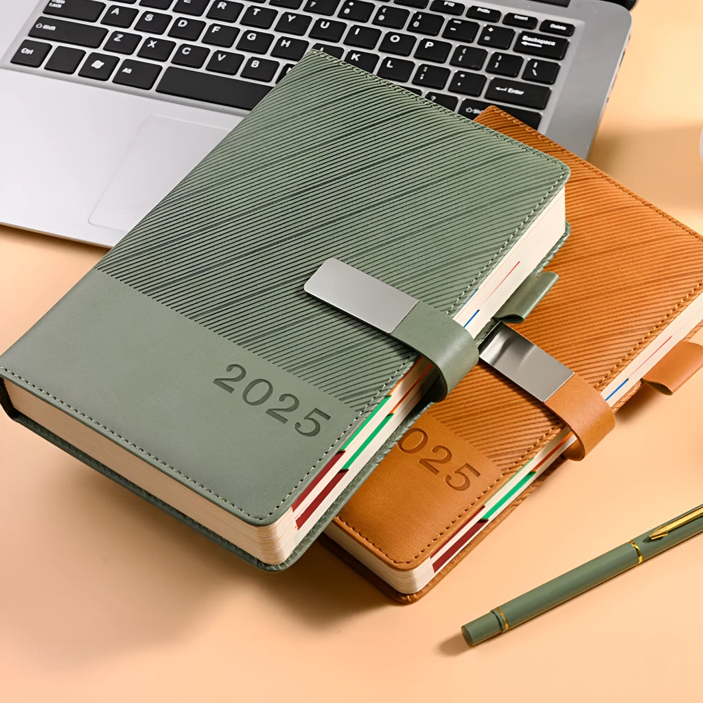 Thick office notepad with striped PU leather cover showing 204 sheets of 80g wood-free paper