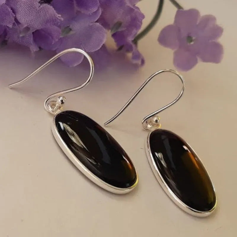 Women's black geometric earrings with oval agate pendant on 925 silver and electroplated alloy