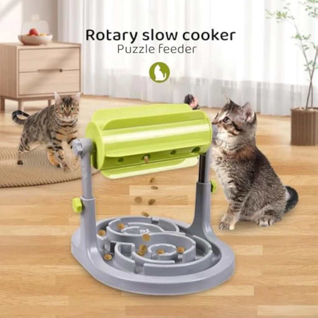 Blue interactive pet food puzzle toy with adjustable height and irregular raised patterns for slow feeding