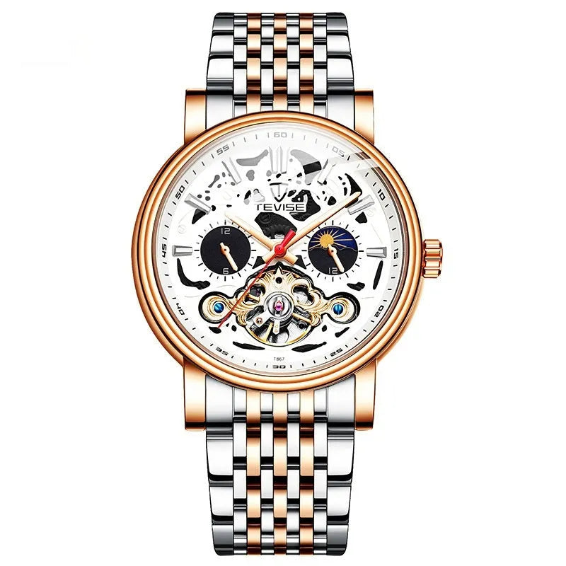 Men's mechanical tourbillon watch with luminous dial and waterproof case in T867 Black colour.