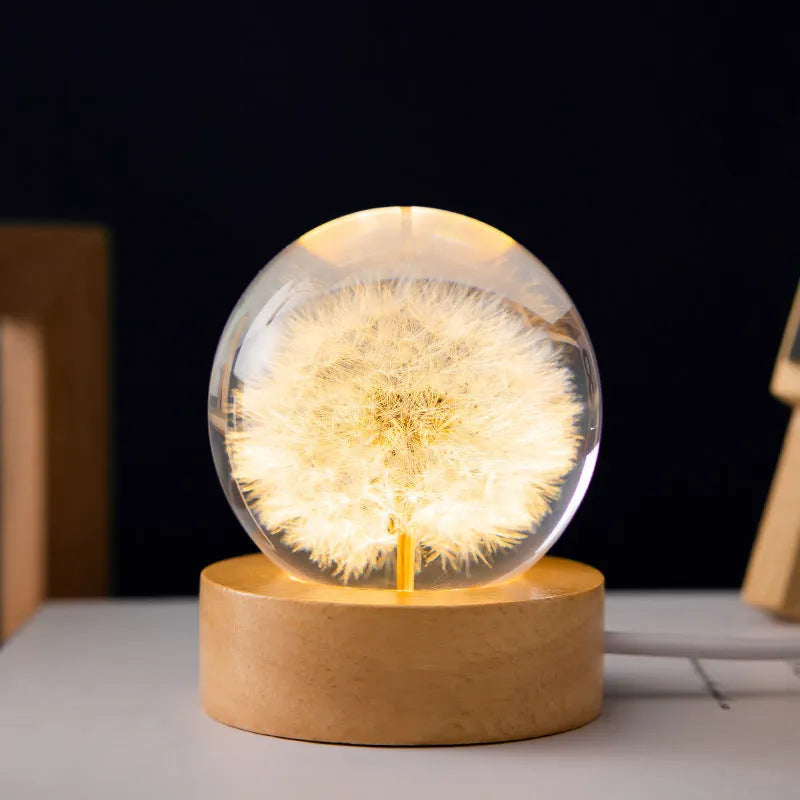 3D dandelion crystal ball USB night light on a beech wood stand base.