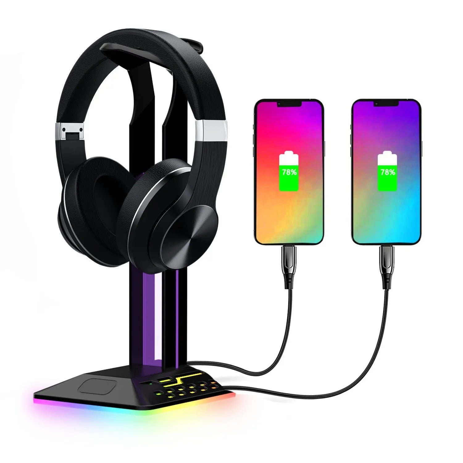 RGB headphone bracket with colour-changing LED lights and dual USB ports displaying headphones