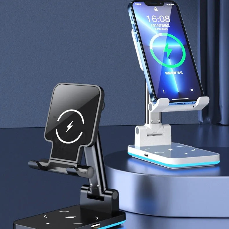 Desktop mobile phone holder with wireless charging in black or white with 5W or 15W power options