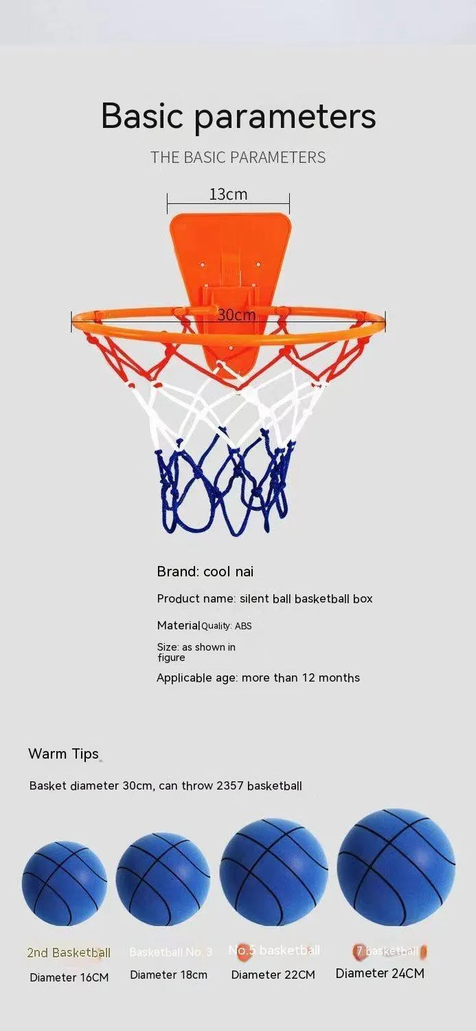 Silent high density foam basketball in assorted bright colours with basketball frame