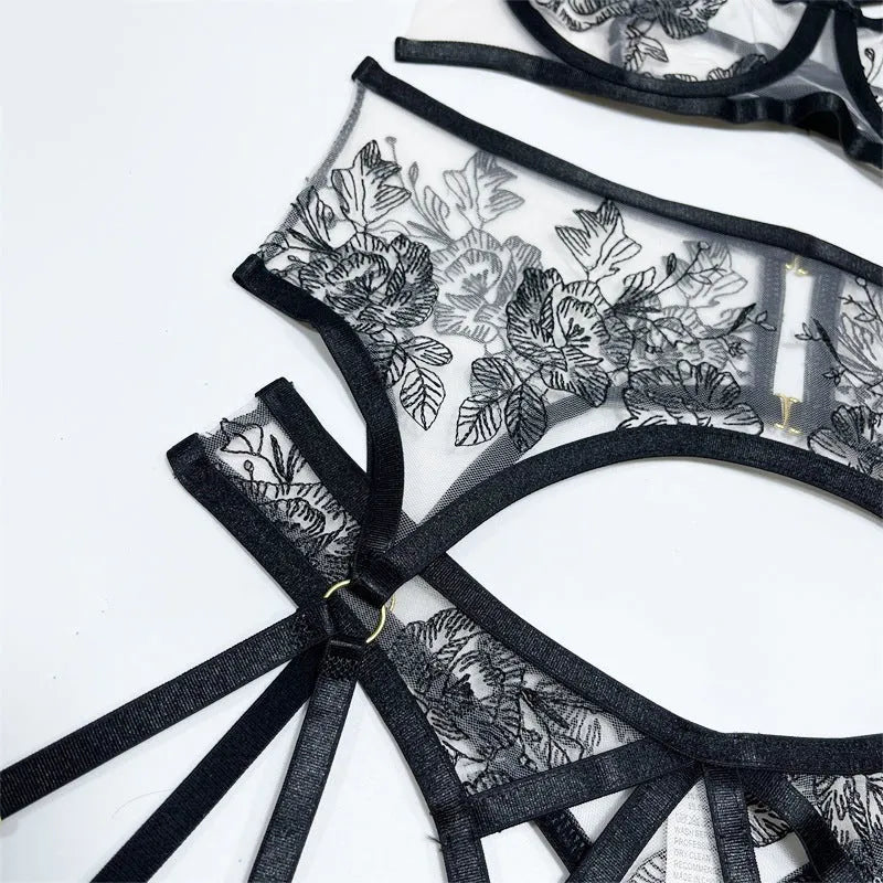 Women's black lace mesh three-piece set with floral print including top, pants and waist ring