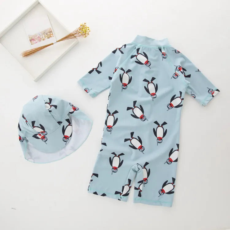 Boys' penguin print long sleeve swimming costume set with matching swim cap for sun protection
