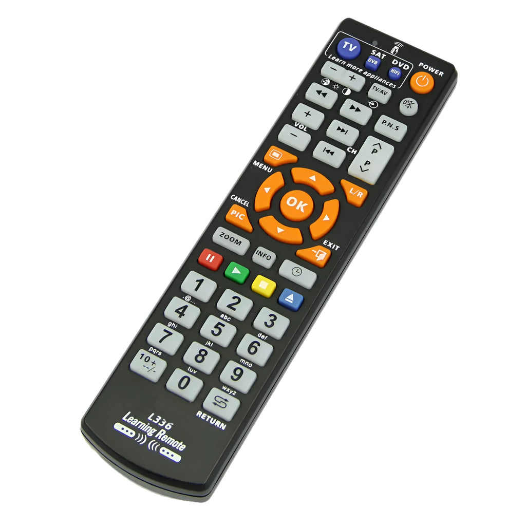 Black L336 universal learning remote control showing button layout and infrared transmitter