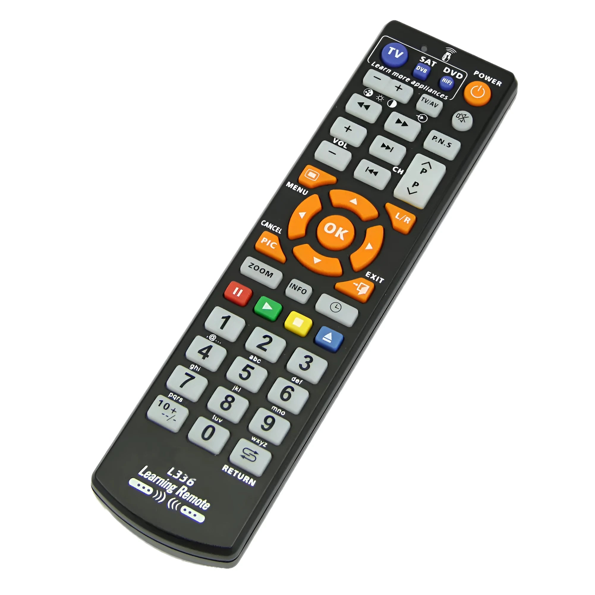 Black L336 universal learning remote control showing button layout and infrared transmitter