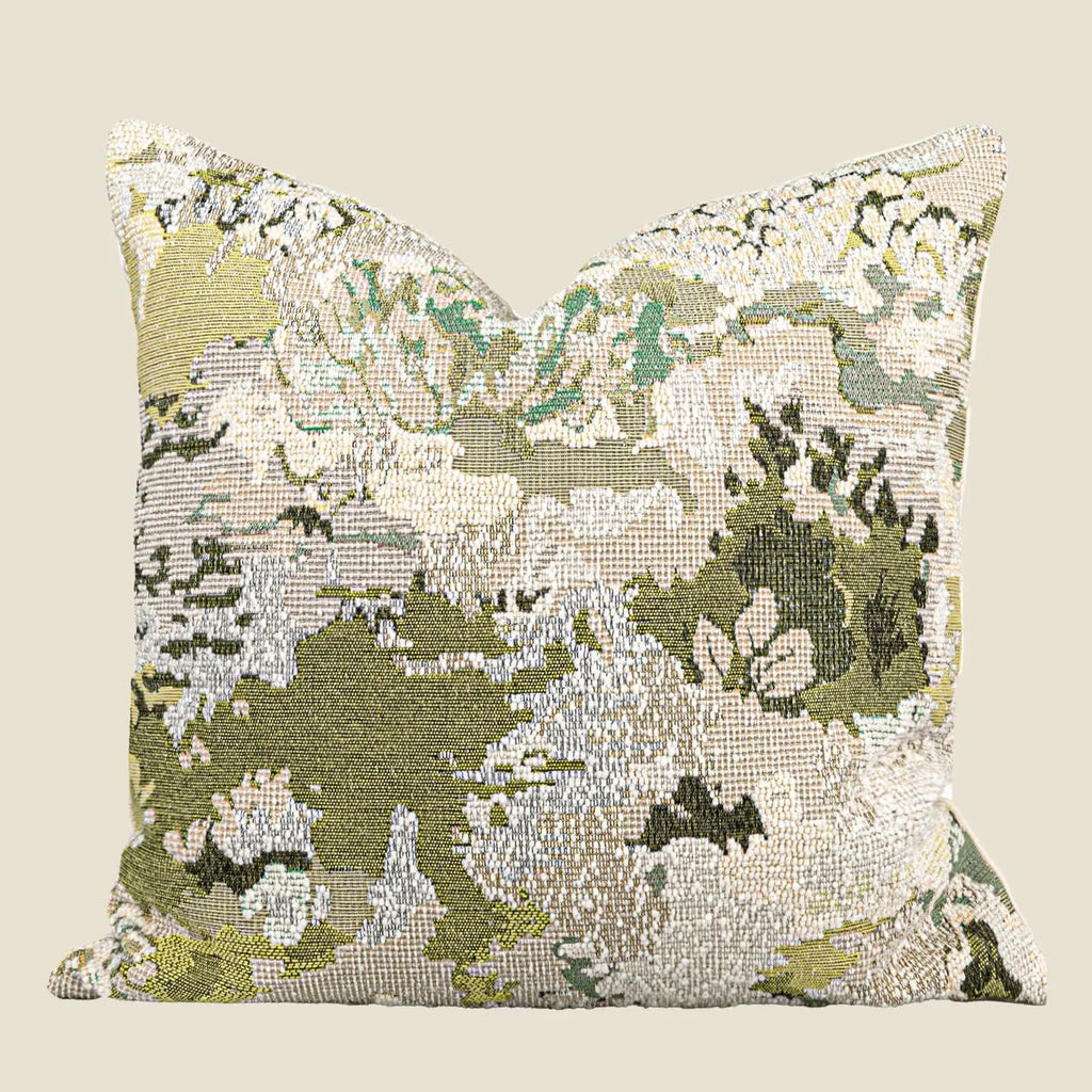 Green wool blend cushion with abstract French antique spring flower pattern, shown in square and rectangular sizes.