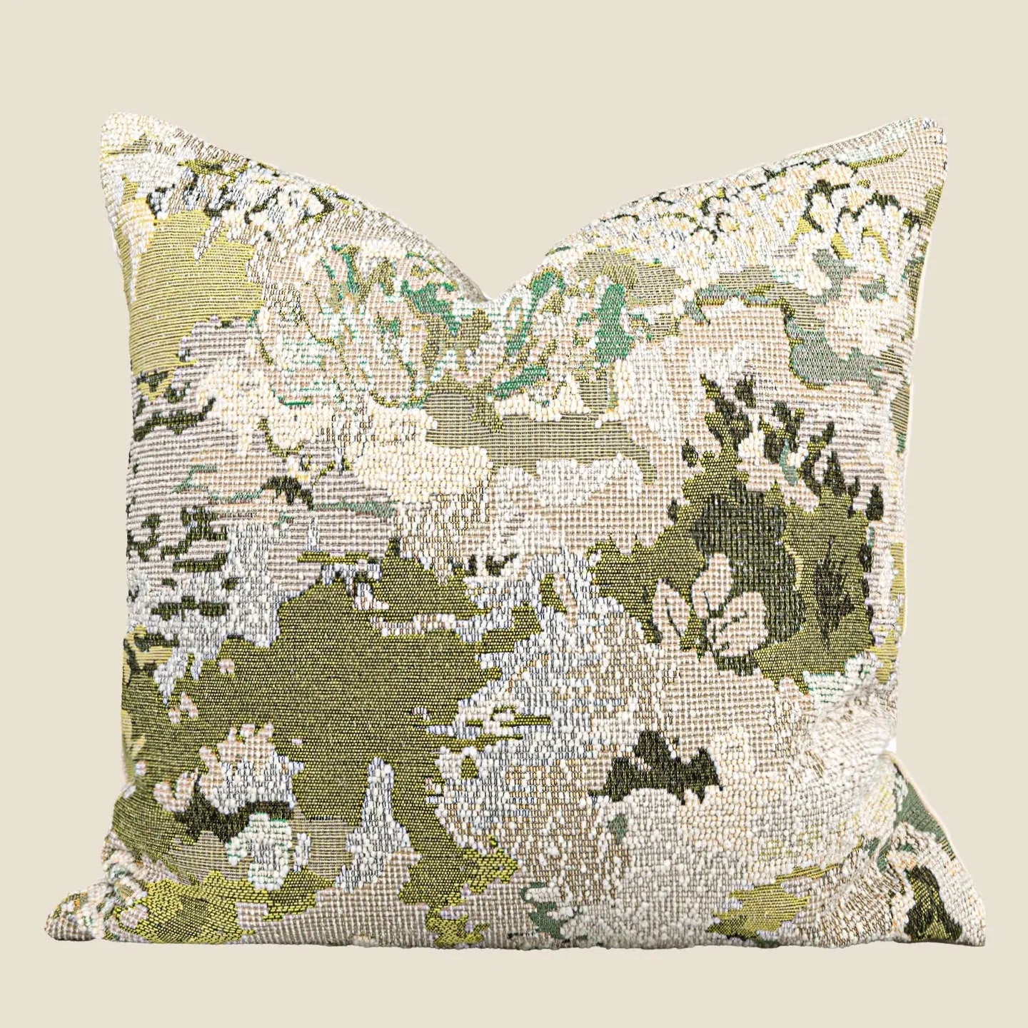 Green wool blend cushion with abstract French antique spring flower pattern, shown in square and rectangular sizes.