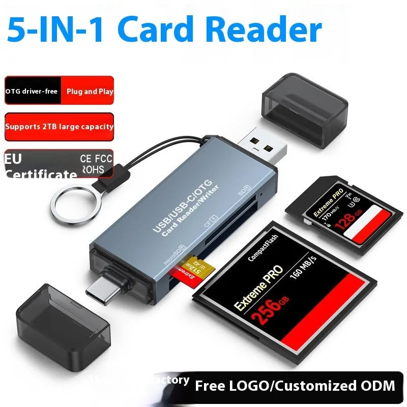 Silver aluminium CF, SD and TF three-in-one USB memory card reader on a white background.