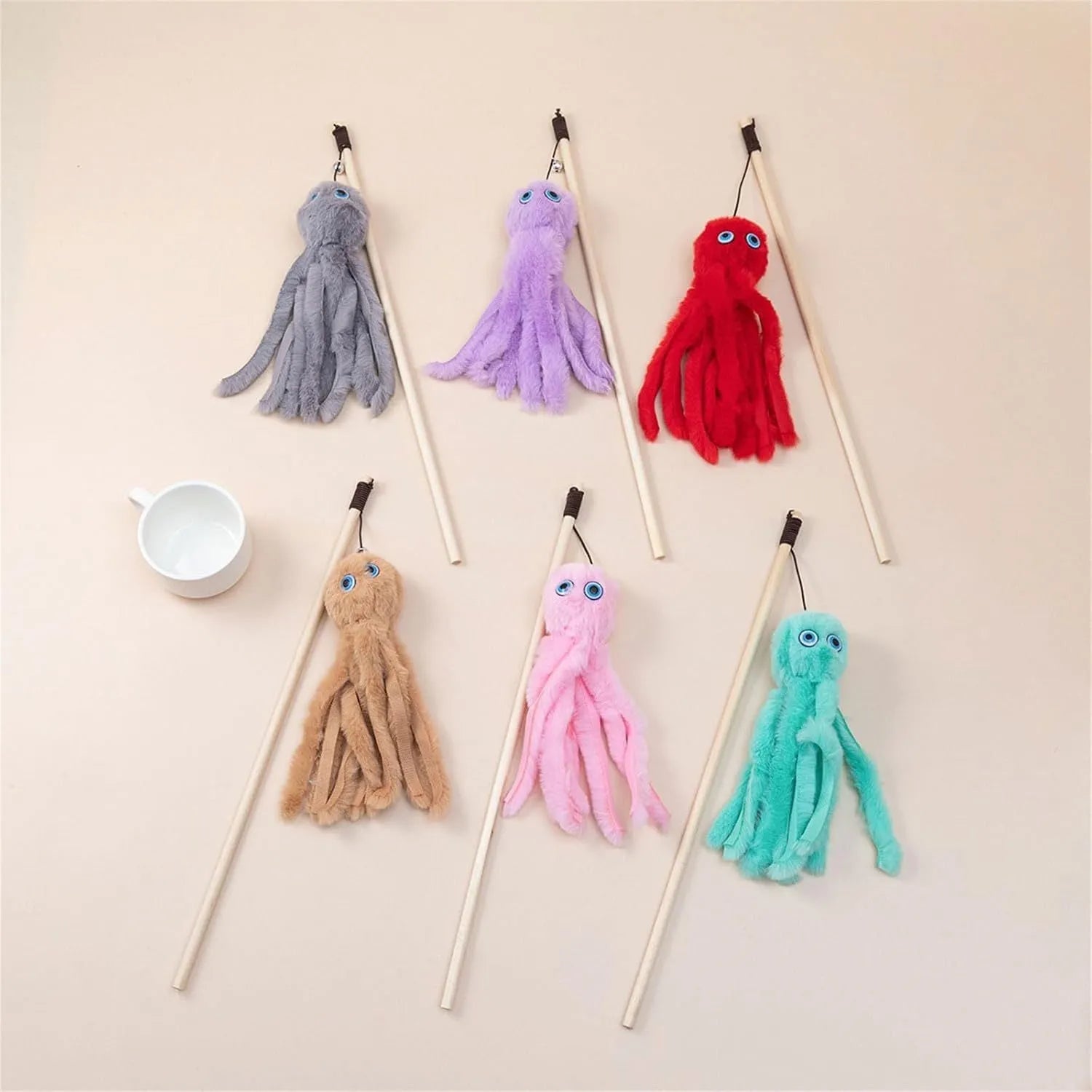 Octopus-shaped cat toy with long 40cm stick, feathers, and safety eyes in bright colours