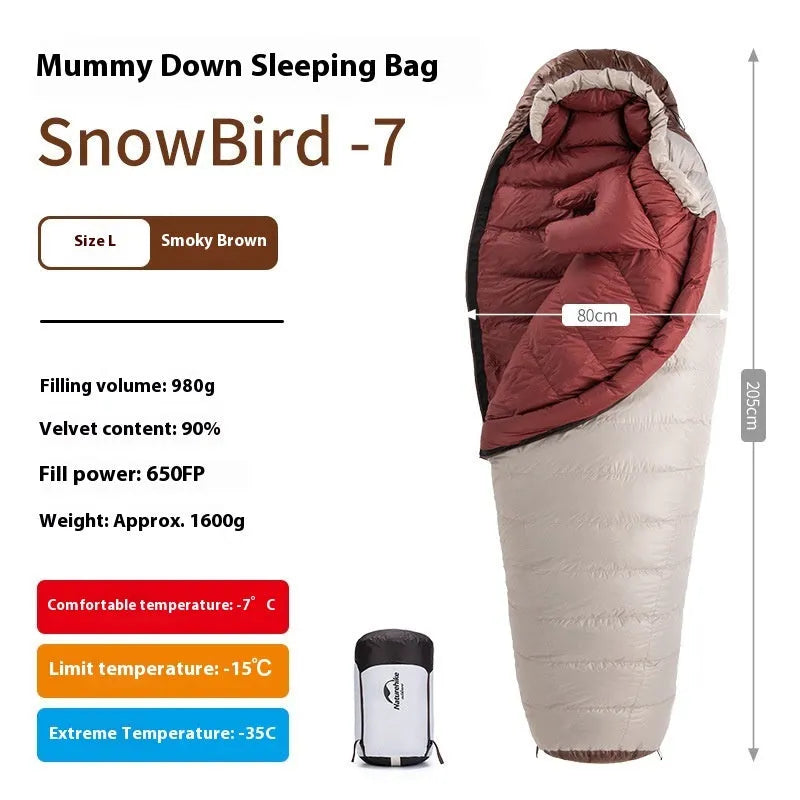 Mummy-style goose down sleeping bag for adults in a storage bag, showing size label options.