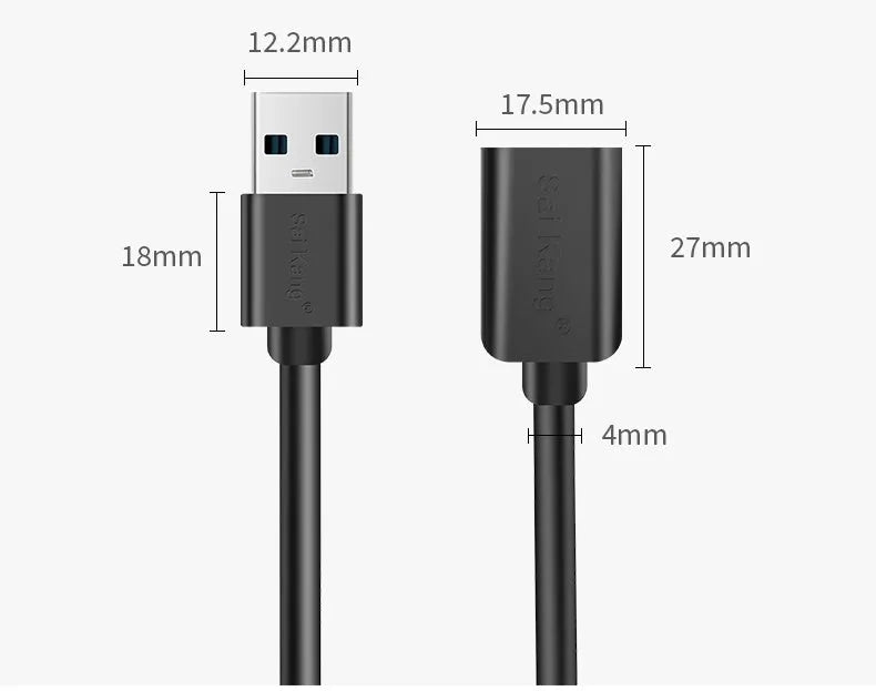 Black USB 3.0 and USB 2.0 male to female extension cable with length options from 1 metre to 5 metres.