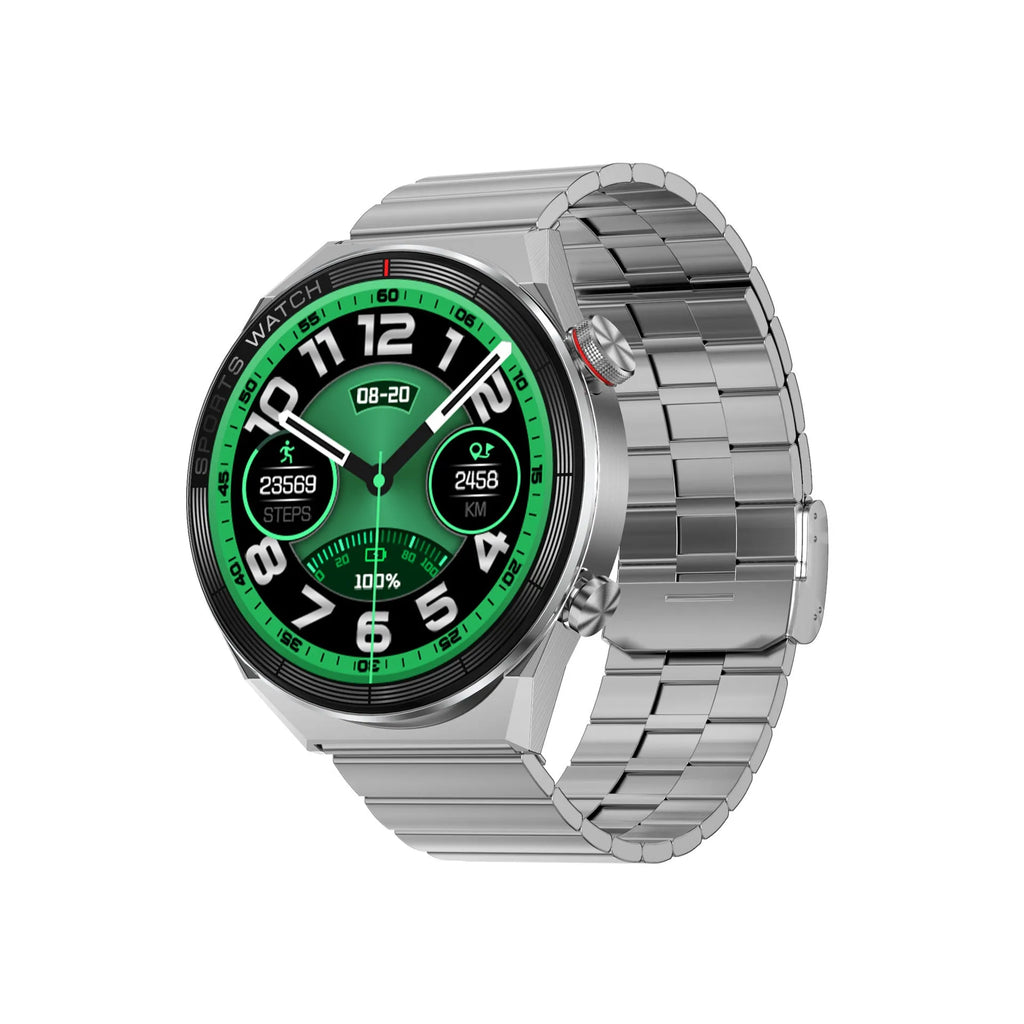 Large screen Bluetooth smart watch with silver case and black silicone strap showing HD display