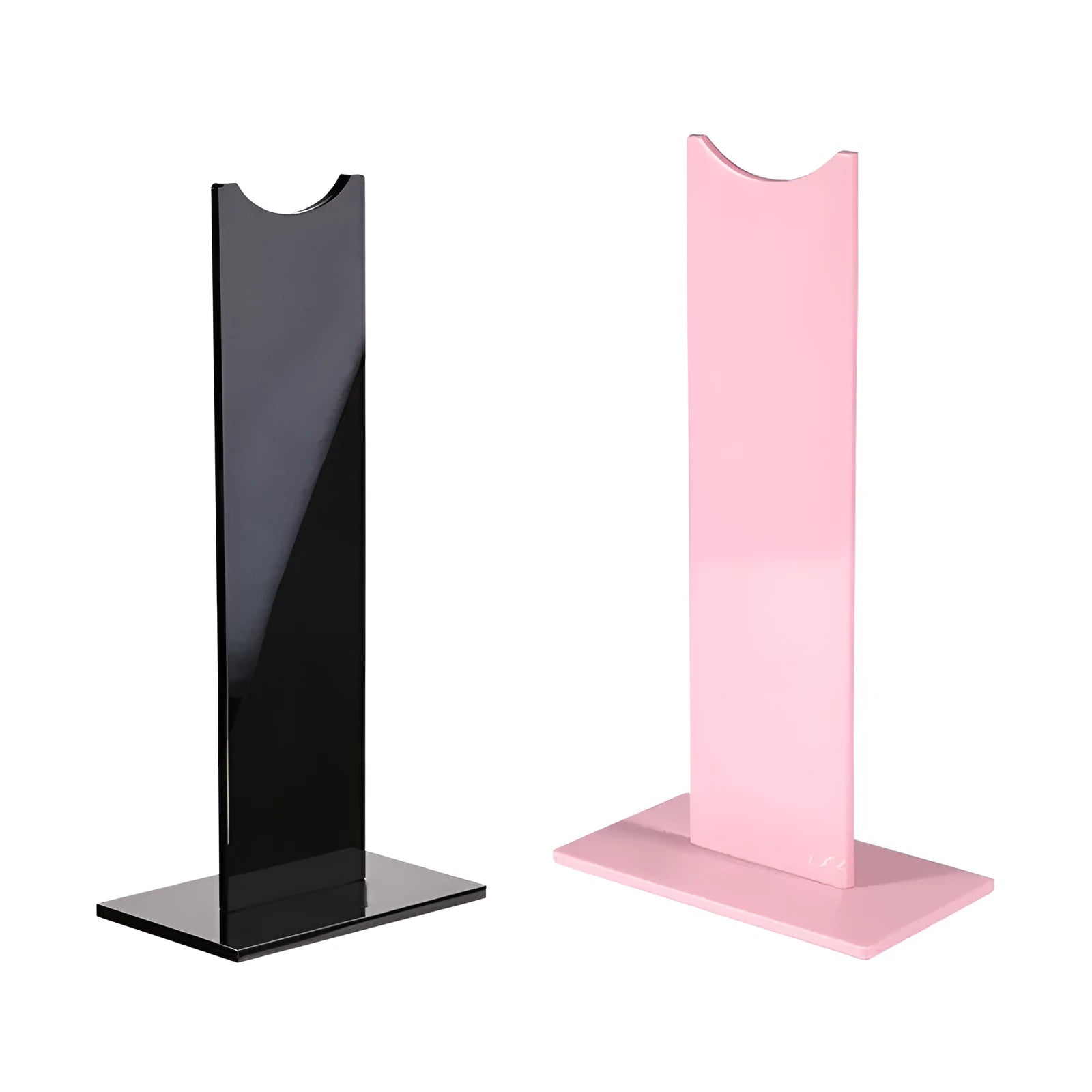 Pink and black detachable headphone stand on a desk with a non-slip silicone base.
