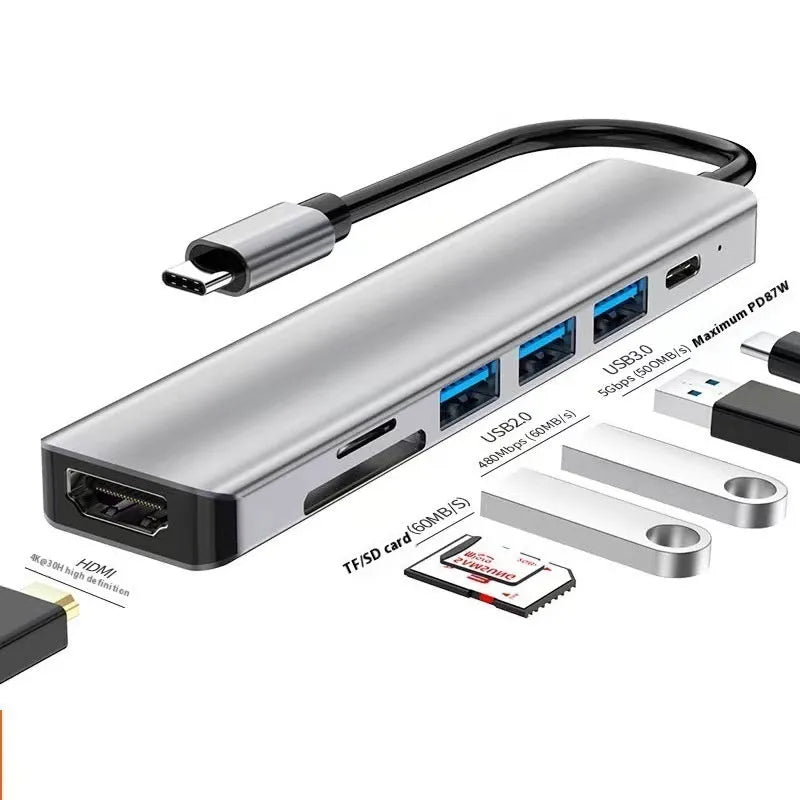 Type-C 7-in-1 expansion dock with HDMI port, USB 3.0 ports, card reader, and a 15 cm cable.
