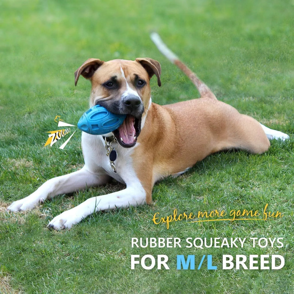 Blue, green, and orange natural rubber squeaky dog ball with textured surface grooves for aggressive chewers.