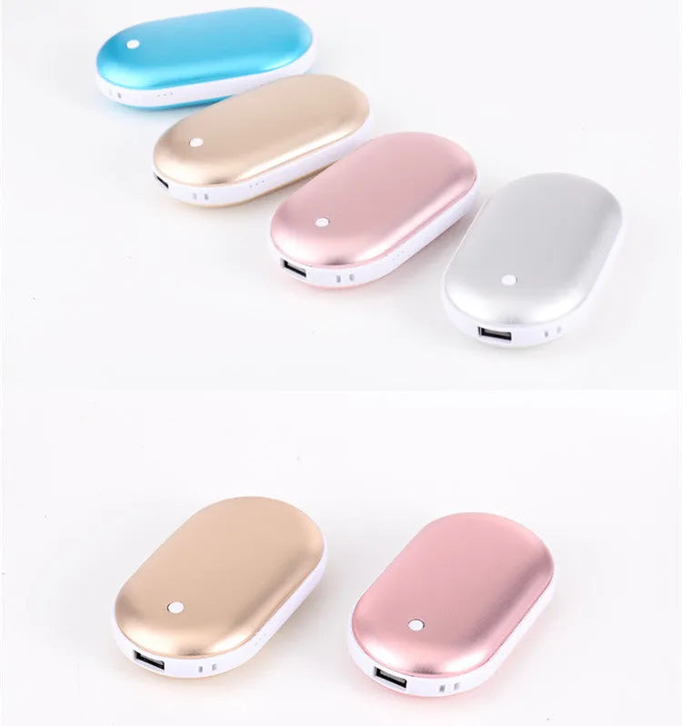 Compact rose gold rechargeable hand warmer and USB power bank with digital display.