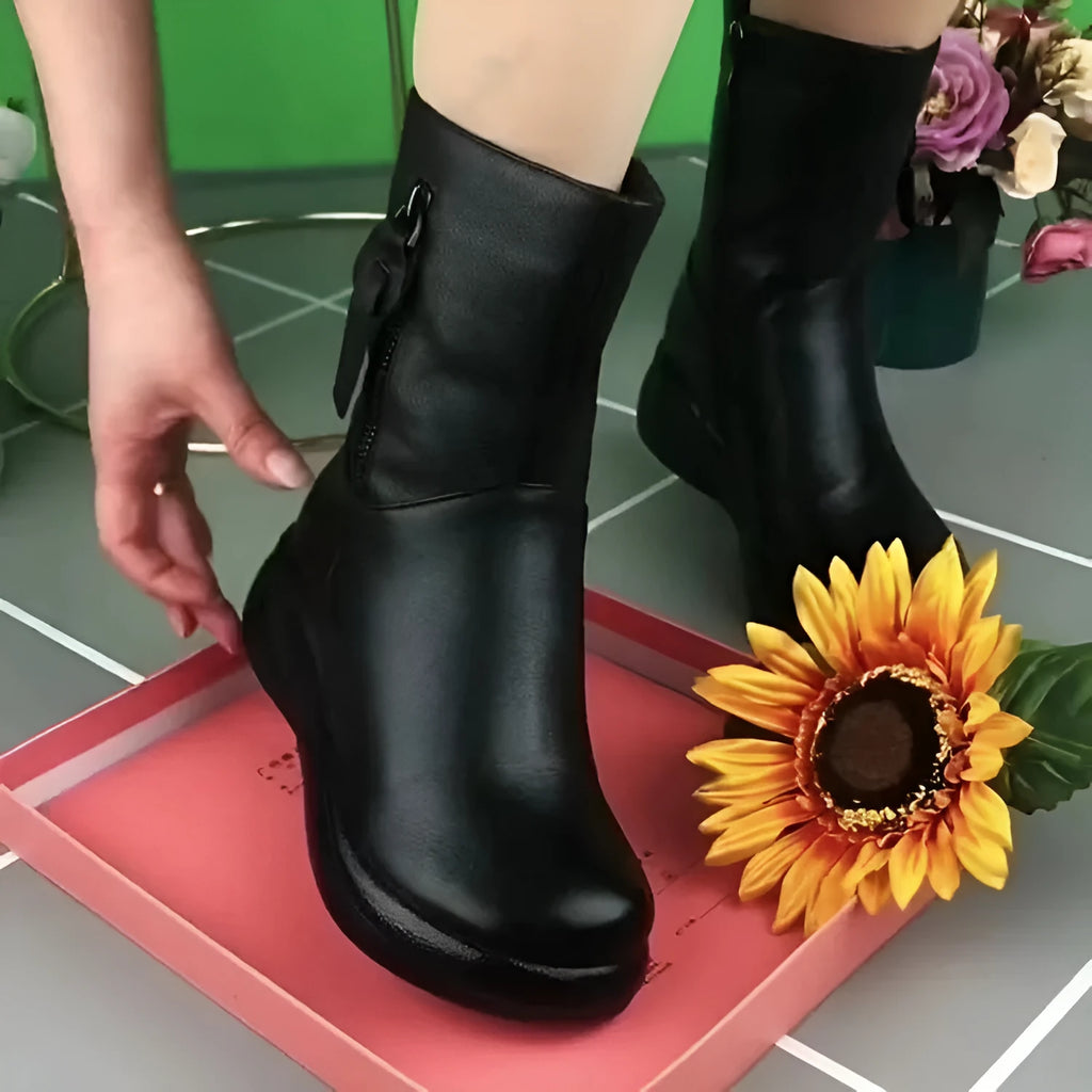 Retro cowhide flat boots with side zipper, metal and rhinestone decorations, brown colour