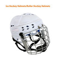 Ice hockey helmet with carbon steel face mask for head protection in sizes S M L XL.