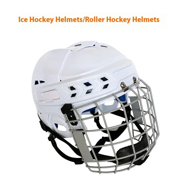 Ice hockey helmet with carbon steel face mask for head protection in sizes S M L XL.